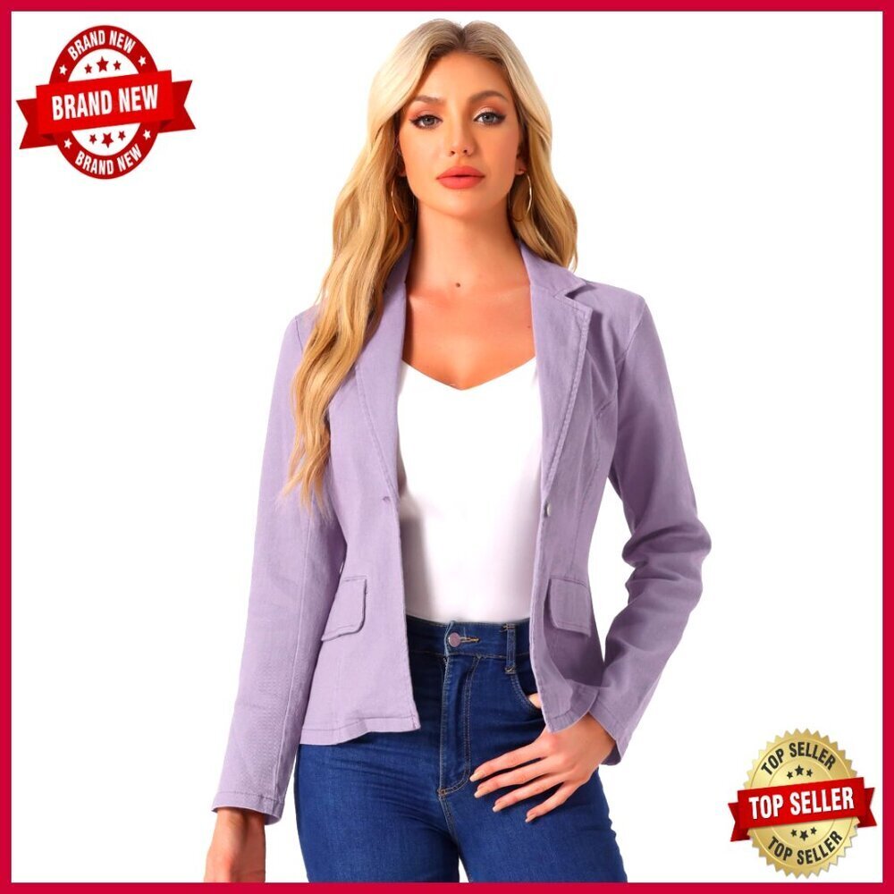Denim Blazer Long Sleeve Notched Lapel Business Casual Fitted Waist